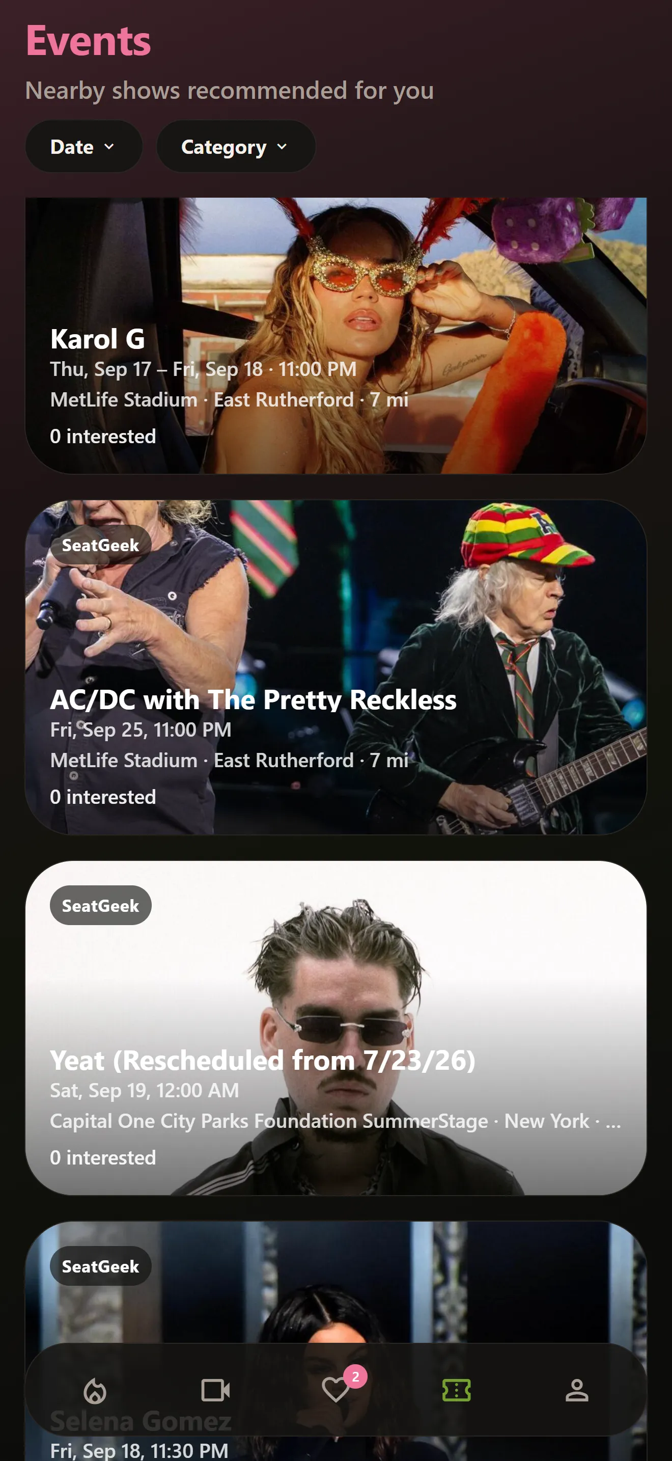 M8tcha Events screen showing nearby event recommendations